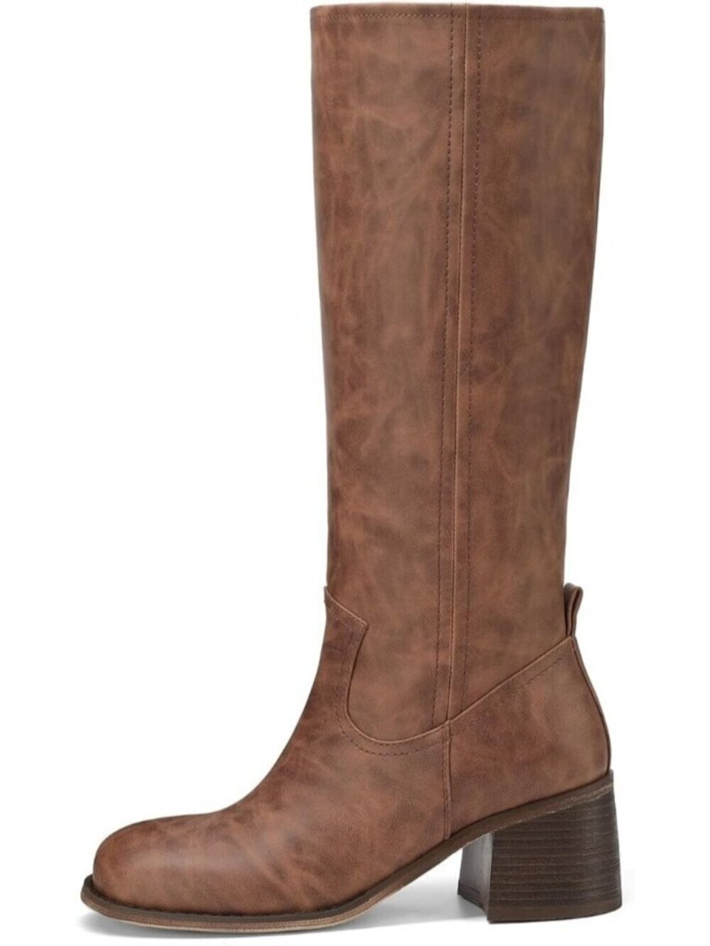 Women's Brown Square Toe Chunky Block Heel Casual Campus Tall Boots Western